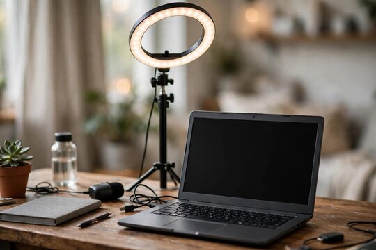 Video call setup with ring light and laptop on desk with blurred background