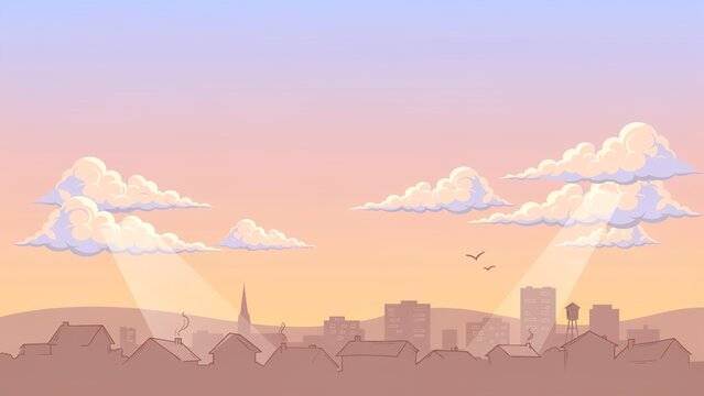 Townscape silhouette under a soft pastel sunset sky with light rays