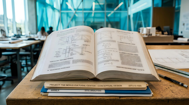 Open textbook sitting on a desk in a bright classroom with notebooks and a pencil for studying