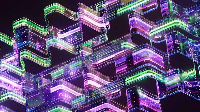 Data Flowing Through Abstract Neon Technology Interface