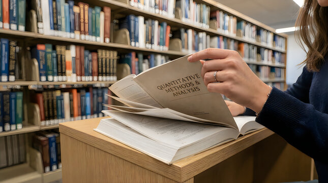 Young woman student reading a thick book while standing in the quiet aisle of a large library