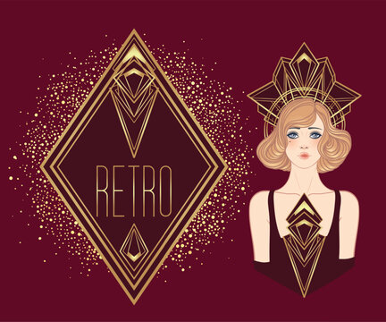 Art Deco design template with elegant flapper girl, geometric shapes, and decorative elements in dusty rose and gold tones. Perfect for invitations, fashion branding, events, or digital decor.