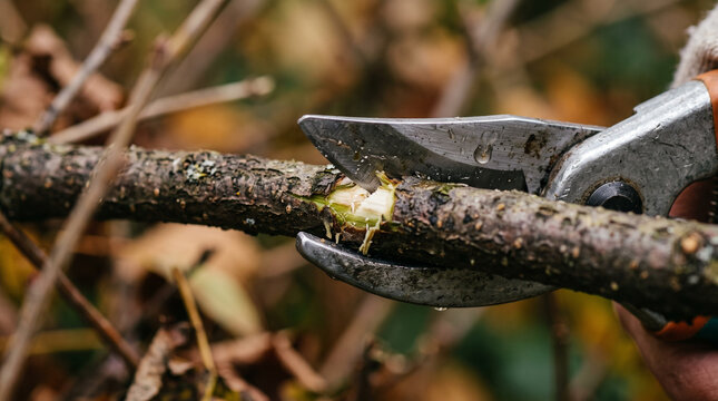 Gardener pruning shrub branches in autumn cutting with shears  