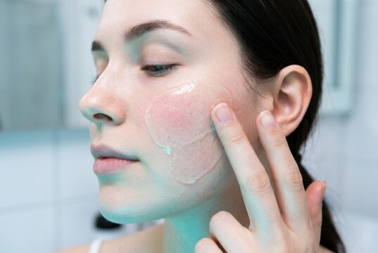 Hydrating sheet mask application on a young woman in a bathroom