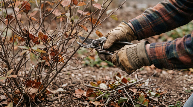 Gardener pruning shrub branches in autumn with gloves and shears  