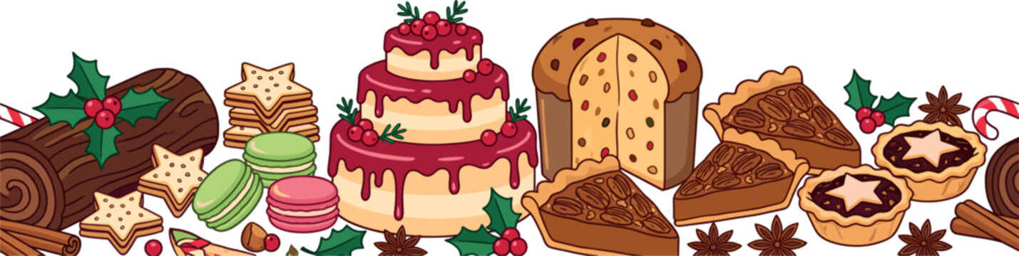 Christmas Dessert and Holiday Baking Background Border Template with Yule Log, Panettone, Layer Cake, Mince Pies, Macarons, and Star Cookies for Winter Celebration Designs
