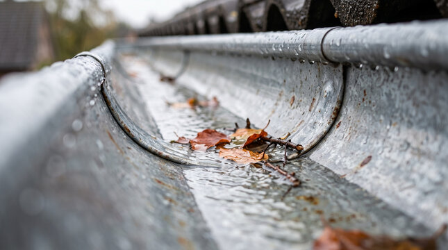 Autumn debris falling from cleaned roof gutter with rainwater pooling  