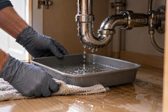 Plumber catches water dripping from leaking pipe in a tray beside flooded floor. Plumbing leak and household water damage. Emergency repair and cleanup. Home maintenance and insurance claim