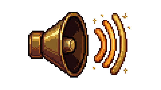 Pixel art speaker icon with sound waves and volume control in retro video game style