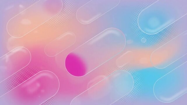 Frosted glassmorphism capsule pills drifting across a colorful pastel gradient background in modern 3d render motion graphic loop.
