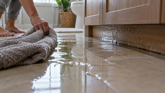 Water leaking from bathroom plumbing floods tiled floor as person mops up with towel. Household plumbing failure and water damage. Emergency cleanup, home maintenance and repair