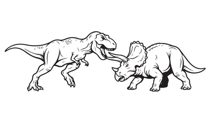 Tyrannosaurus rex fighting triceratops dinosaur battle prehistoric predator and herbivore black and white line art vector © Salman