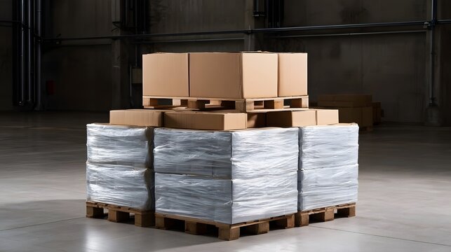 Stacked pallets of cardboard boxes and shrink wrapped goods in a warehouse with concrete walls and floor