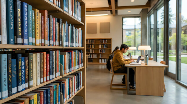 Young student studying with a laptop at a desk inside a quiet public library with many books