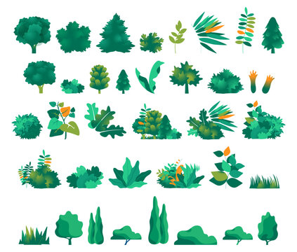 Set of trees, bushes, shrubs, leaves and grass in flat style, green plants collection for landscape, park and garden illustrations