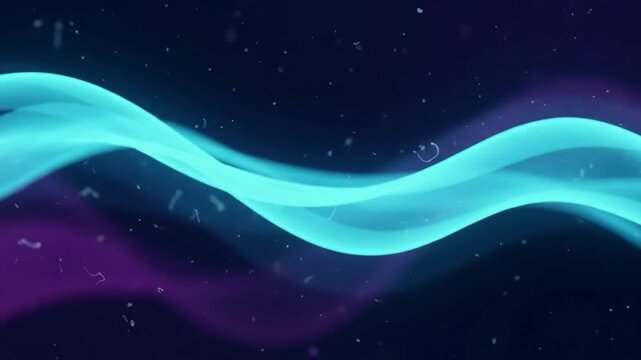 Luminous cyan light wave undulating smoothly through dark space in futuristic 3d render motion graphic loop with glowing particles.
