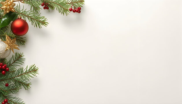 Christmas evergreen branches with red baubles on white holiday card background.