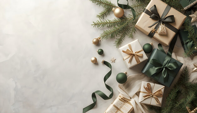 Christmas gift boxes with green and gold ribbons arranged on white marble.