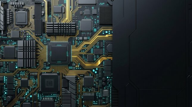 Detailed microchip circuitry with gold lines and blue lights for computer hardware.