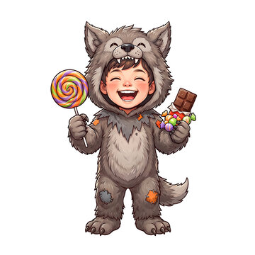 Happy Chibi Boy in Werewolf Halloween Costume with Sweets