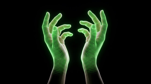 Green glowing wireframe hands displayed against transparent background for creative projects