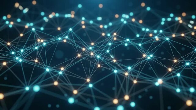Glowing digital plexus network connecting glowing data nodes in high tech cyber communication 3d render motion graphic loop.
