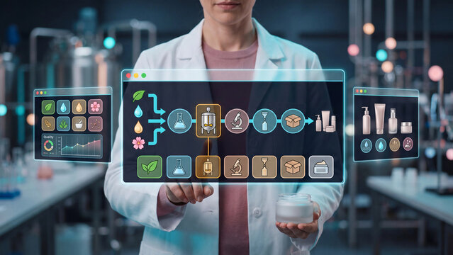 Cosmetic chemist in laboratory holding face cream jar and using holographic interface with skincare formulation process, natural botanical ingredients, quality control and beauty product production.