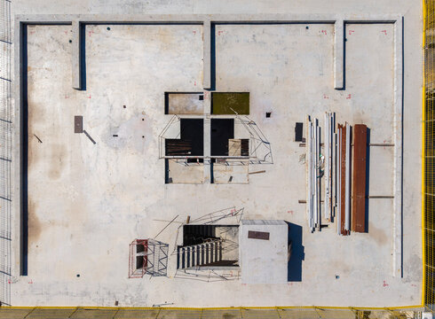 Top Down Aerial View Of Concrete Building Attic Floor Slab Plan