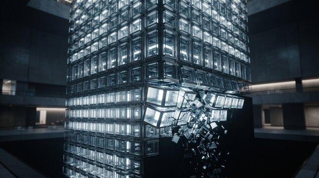 Abstract glowing digital cube structure disintegrating in a dark space