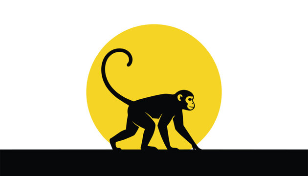 Black silhouette of a walking monkey with a long curled tail against a giant yellow sun on a pure white background.
