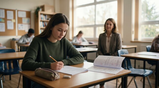 Teen student takes a second attempt at school test, showing resilience, remediation, renewed effort and educational value of another chance to improve academic performance.