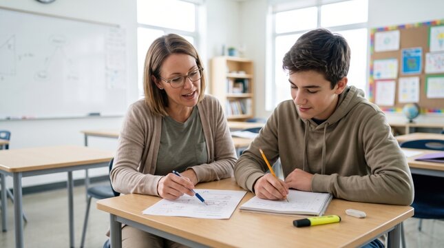 Teacher and teen student review incorrect test answers together, using mistakes to identify learning gaps and showing formative feedback, tutoring and targeted improvement.