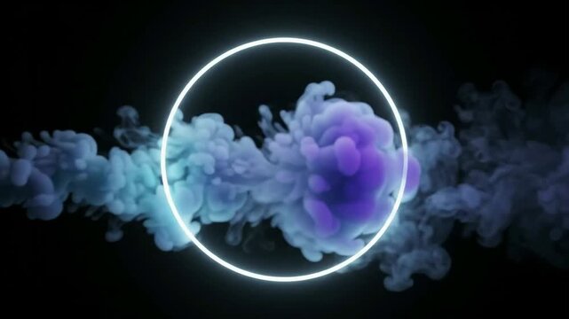 Glowing neon circle frame surrounded by billowing blue and purple fluid smoke clouds in 3d render dark background motion graphic loop.
