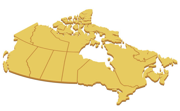 3D illustration symbolizing Canadian federal provinces, regional administrative borders, national territory, geography, and wealth with a golden map of Canada (cut out)