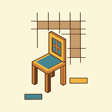 Isometric illustration of a wooden chair with geometric elements