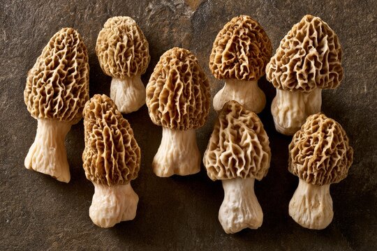 Alternate view of group of morel mushrooms in a clean serving arrangement