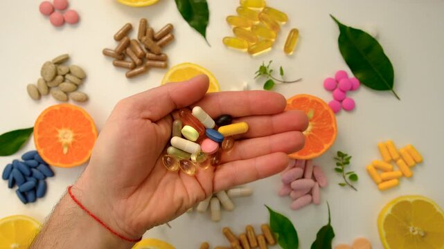 Various tablets and capsules, supplements and vitamins. Selective focus.