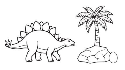 Stegosaurus dinosaur with palm tree rocks and egg prehistoric jungle scene for kids coloring book black and white vector © Salman