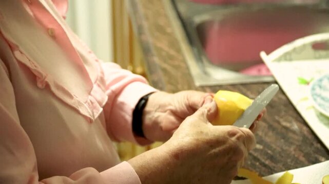 Older woman preparing dinner at home, real domestic lifestyle.