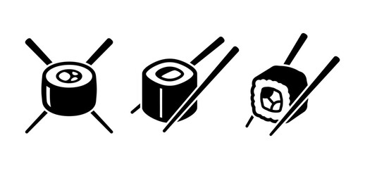 Black silhouette sushi roll and maki icons with chopsticks vector set © Bobita