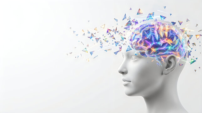 Human head profile with a colorful digital brain exploding into geometric particles and shapes