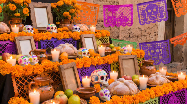 Traditional Day of the Dead altar decorated with vibrant marigold flowers, glowing candles, painted sugar skulls, sweet bread loaves, picture frames, and colorful paper banners