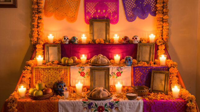 Traditional Mexican Day of the Dead altar beautifully decorated with glowing candles, colorful sugar skulls, marigold flowers, sweet bread, fruit offerings, and empty commemorative frames.