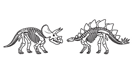 Triceratops and stegosaurus dinosaur skeleton fossil set prehistoric extinct reptile black and white line art vector © Salman