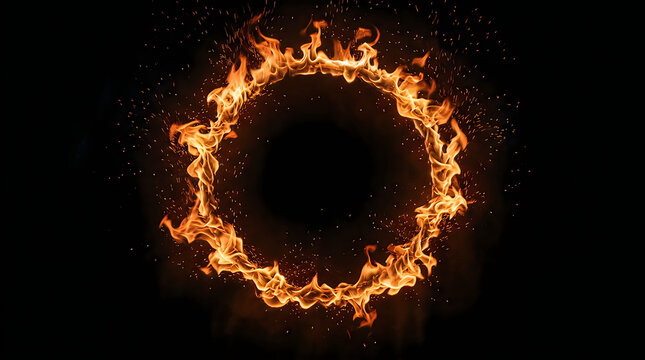 Bright glowing fire ring burning in a circle shape with hot orange and yellow flames in the dark