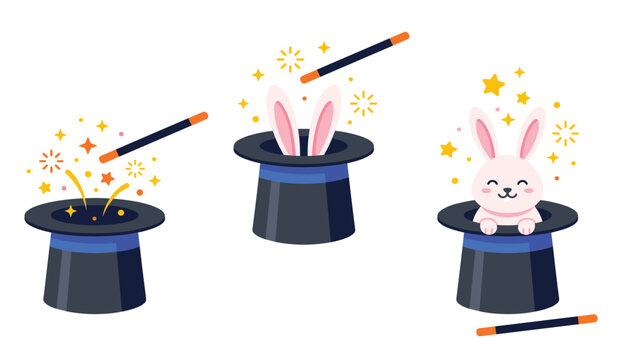 Magic show illusion vector concept illustration set with cute rabbit appearing from top hat and waving magic wand