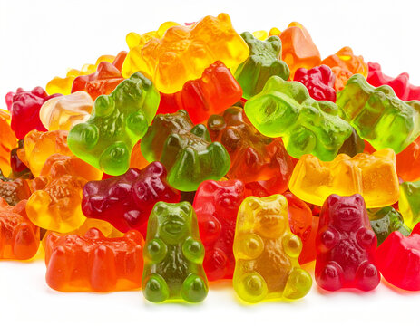 Fruity gummy candy, white background. AI