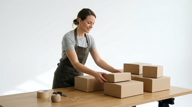 Smiling woman arranging cardboard parcels on a worktable for small business order packing