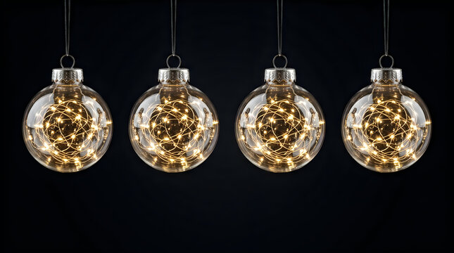Four clear glass christmas ornaments filled with glowing fairy lights hanging on a black background