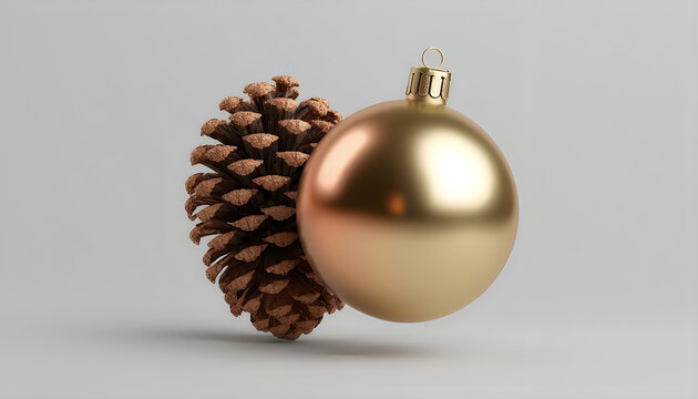 Gold christmas ball ornament and pine cone isolated on light grey background.